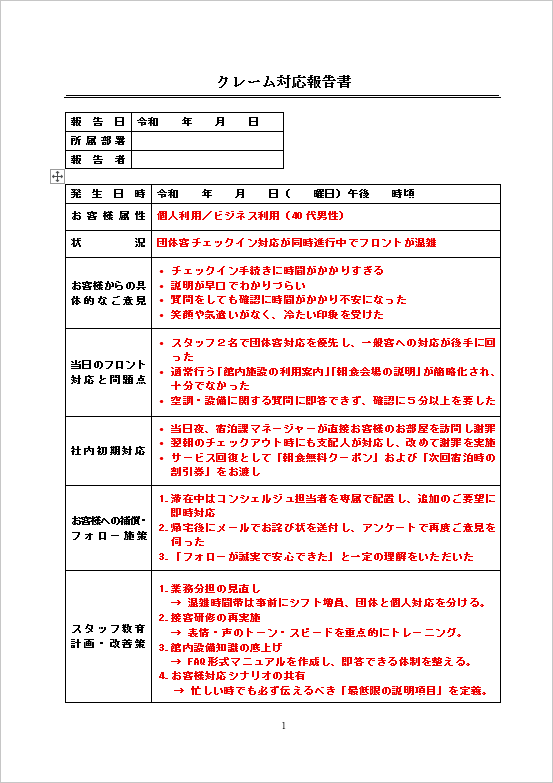 A4縦 お客様対応に関するクレーム対応報告書：ページ１