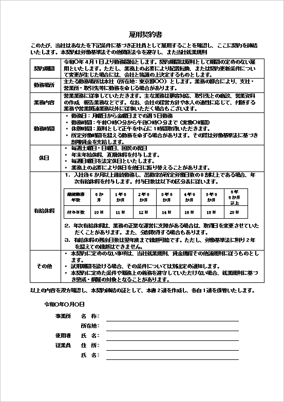 A4縦 柔軟性・詳細説明を盛り込みトラブル防止に寄与する詳細版の雇用契約書