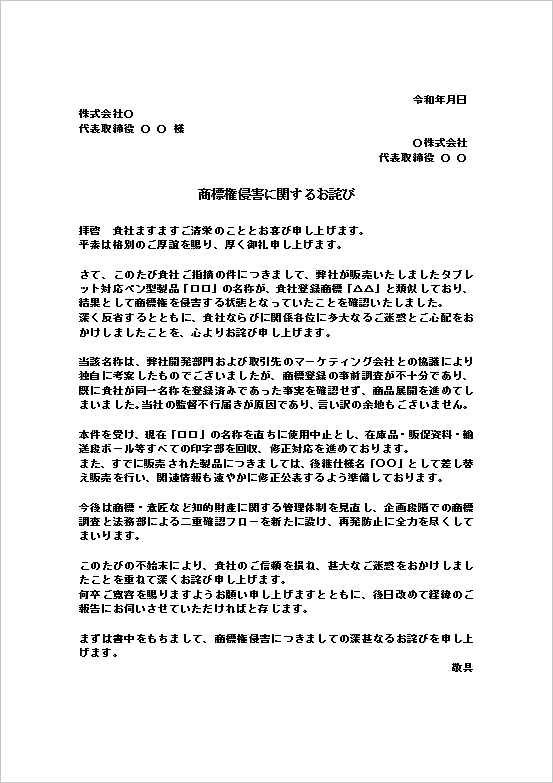 A4縦 製品名の類似による商標権侵害のお詫び状