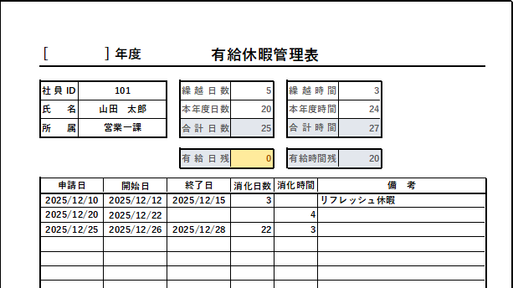 有給日残が自動計算され、0になると黄色で表示されます