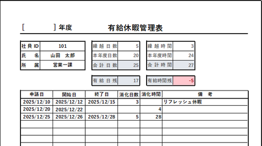 有給時間残が自動計算され、マイナスになると赤色で表示されます