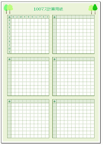 Excelで作成した100マス計算用紙