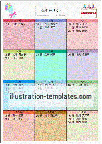 無料のテンプレート 誕生日リスト 月単位と1年間の日付単位の2種類