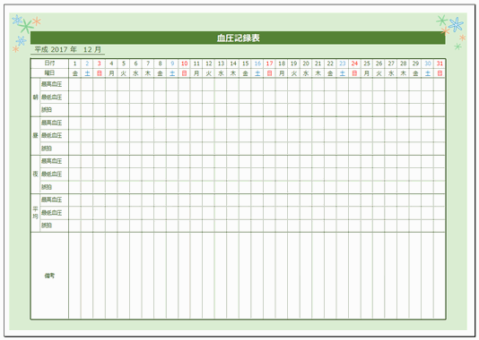 Excelで作成した血圧記録表