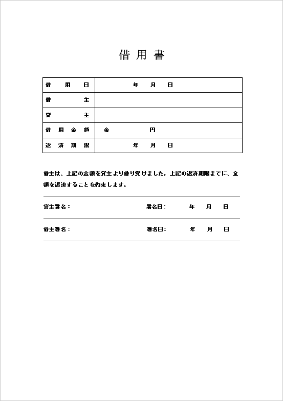 友達や親子間でのシンプルな借用書のテンプレート<